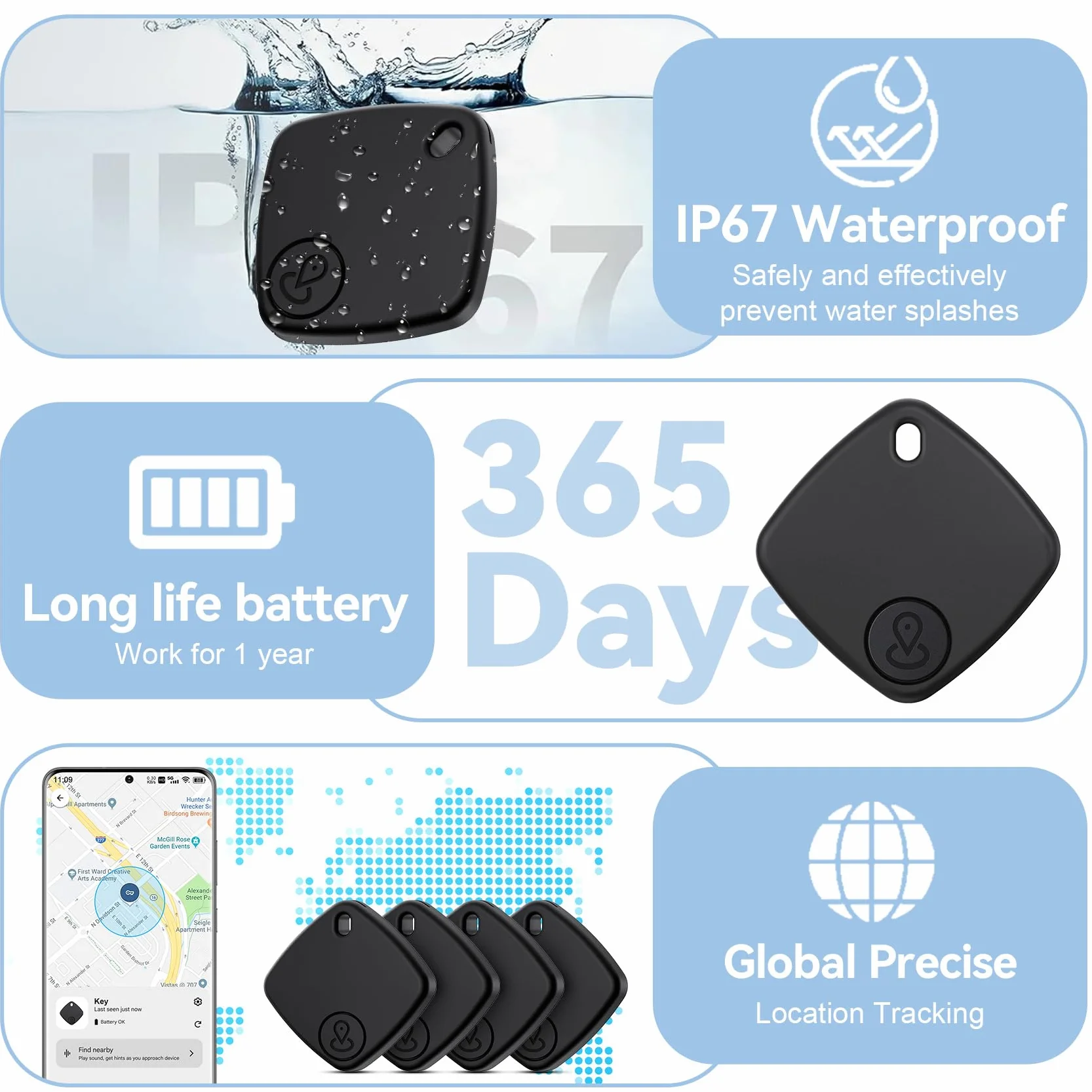 Smart Tracker Bluetooth 4 Pezzi IP67 Impermeabile Compatibile con Google Find Hub per Chiavi Bagagli Valigie (nero)