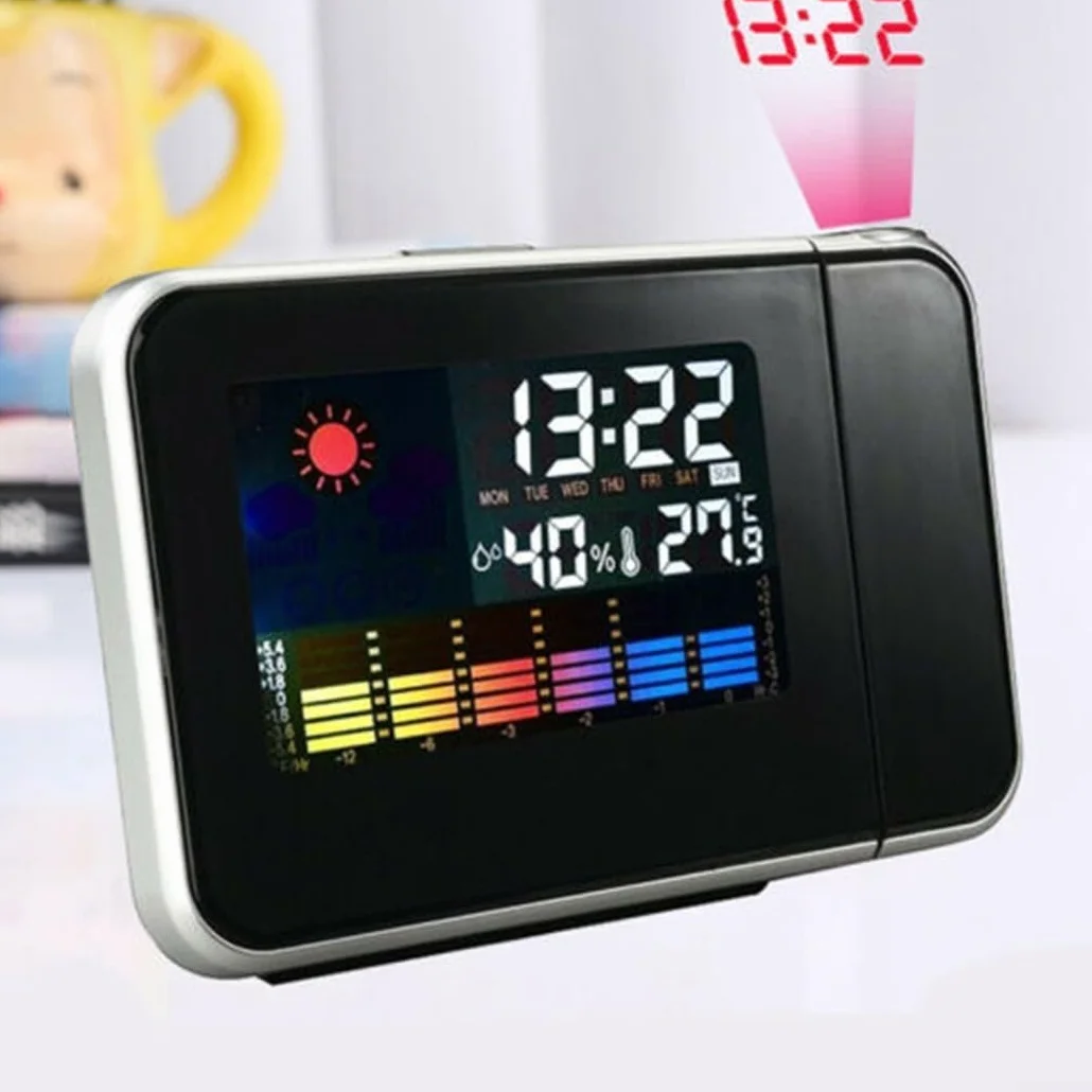 Sveglia a Proiezione con Display LED, Termometro Meteo, Schermo LCD, Funzione Snooze, Porta USB (Nero)