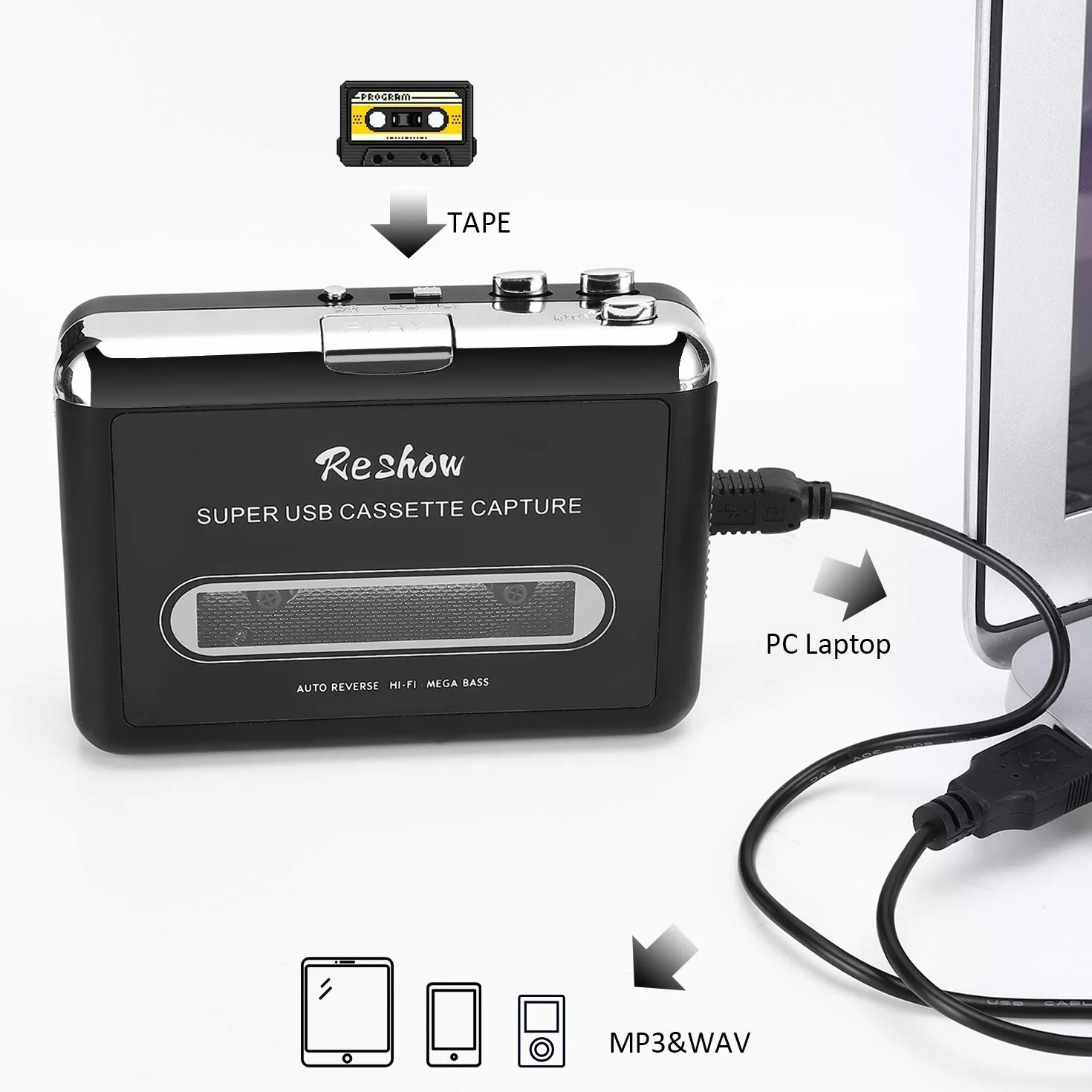 Reshow przenośny odtwarzacz kaset magnetofonowych MP3 USB