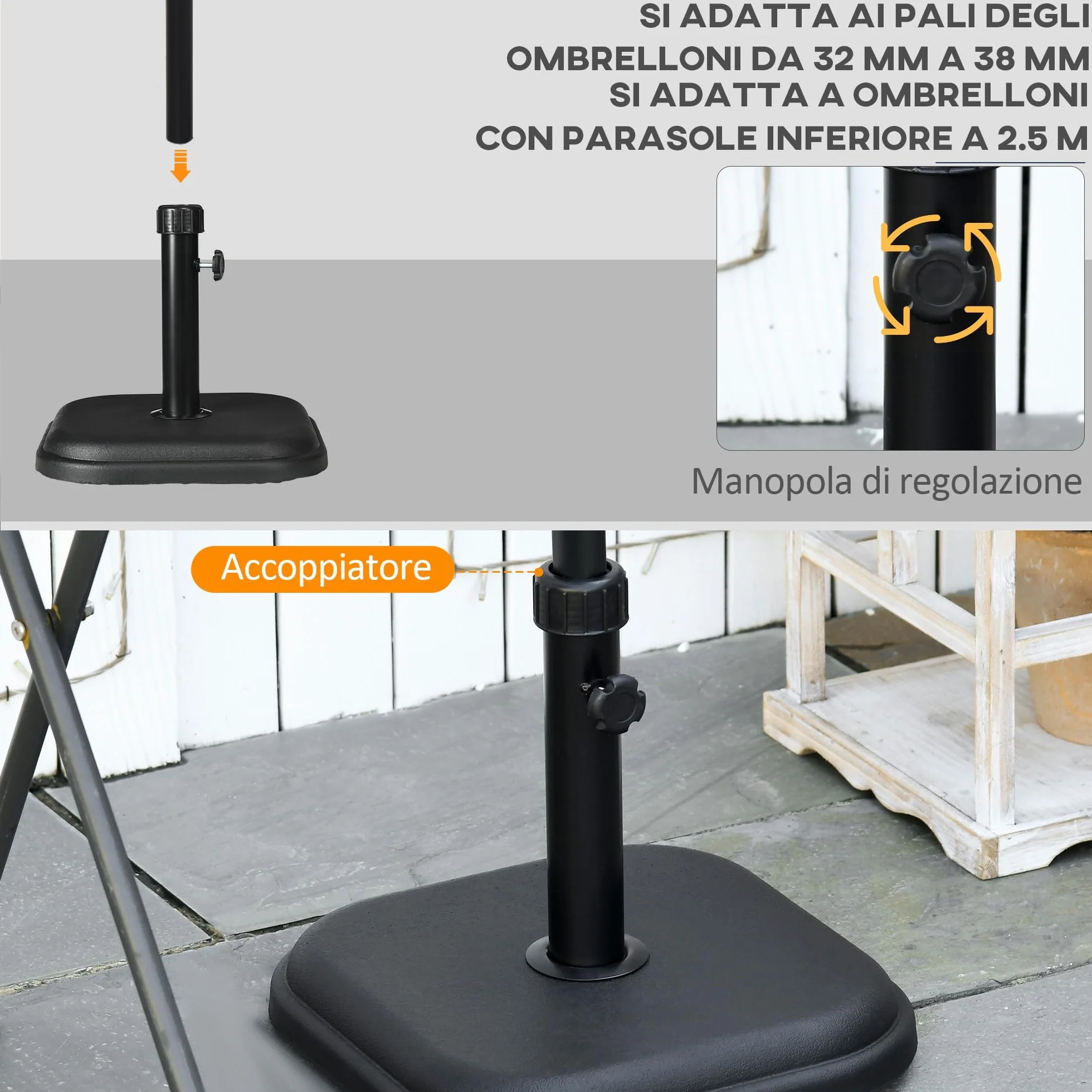 Outsunny Base per Ombrellone da Giardino in Plastica e Cemento da 11kg, Basamento per Ombrellone con Palo da 32-38mm, 36x36x31cm, Nero