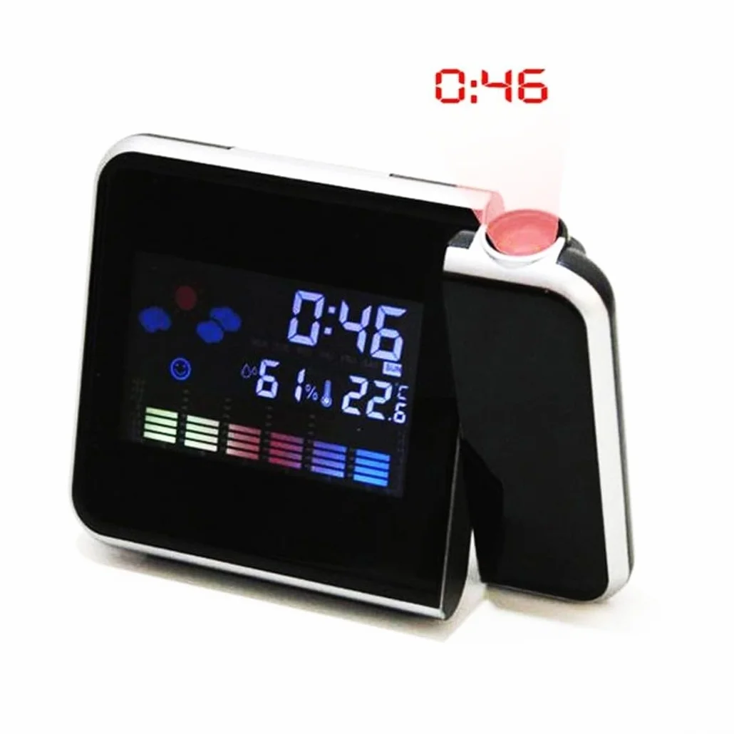 Sveglia a Proiezione con Display LED, Termometro Meteo, Schermo LCD, Funzione Snooze, Porta USB (Nero)