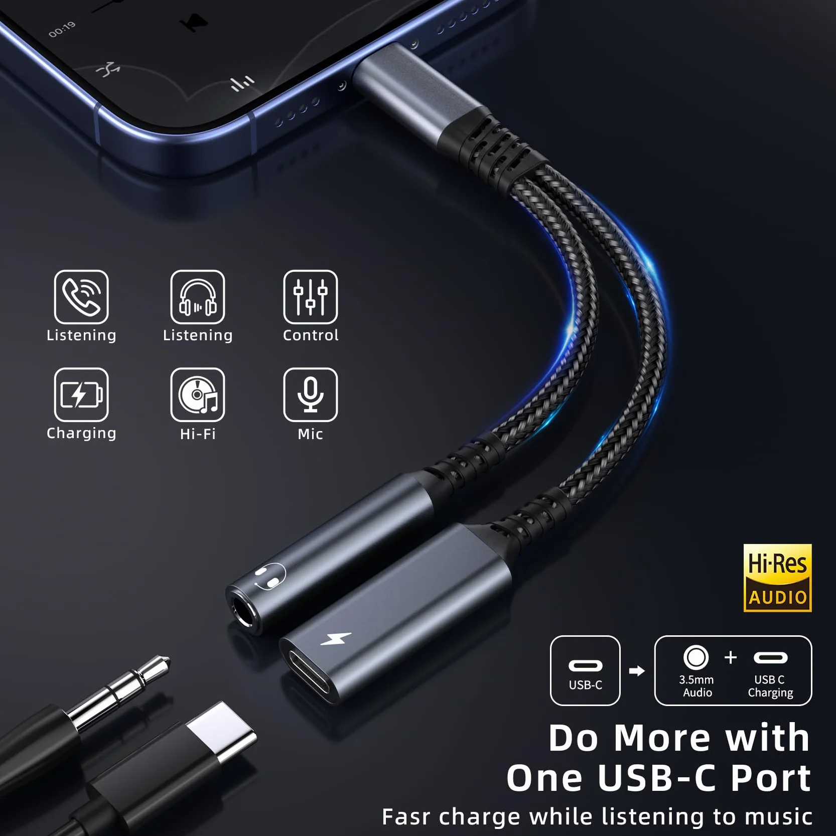 Adattatore USB C a Jack 3.5mm 2 in 1 con Ricarica Rapida PD 60W per iPhone 16/15 Pro Max Samsung S24 Ultra