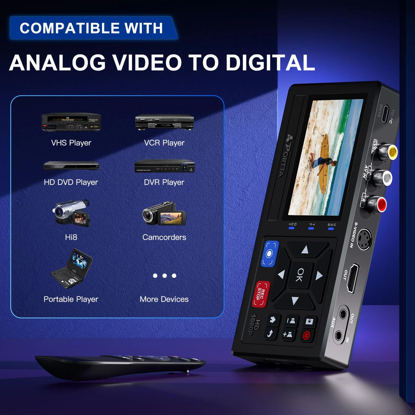 Convertitore da VHS a digitale Portta, registratore video con telecomando, compatibile VHS DVR Hi8 Mini DV console gioco