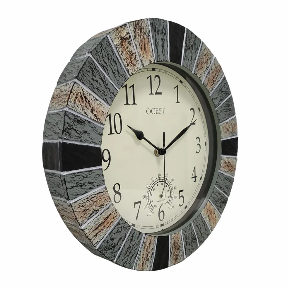 OCEST Orologio da giardino da 33 cm, impermeabile, grande orologio da parete retrò con termometro a batteria, senza ticchettio, orologi decorativi per patio, piscina, cucina