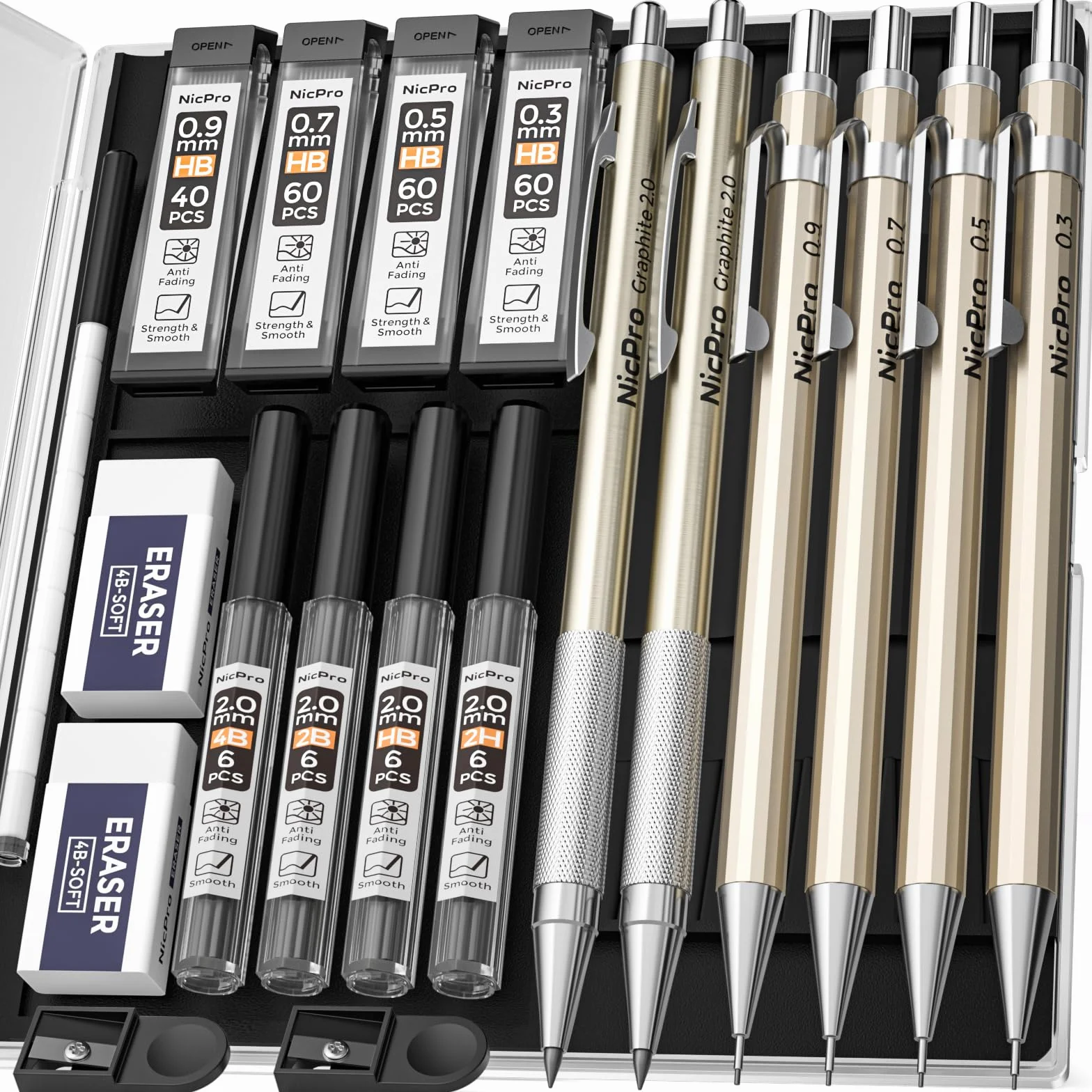 Nicpro 6 Pezzi Matite Meccaniche Set 0,3 0,5 0,7 0,9mm 2mm Portamine per Artista Disegno