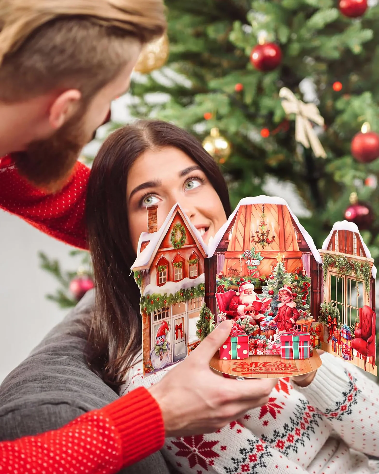Biglietto di Natale 3D Pop Up, Cartolina Auguri con Busta, Babbo Natale e Bambina, Albero di Natale