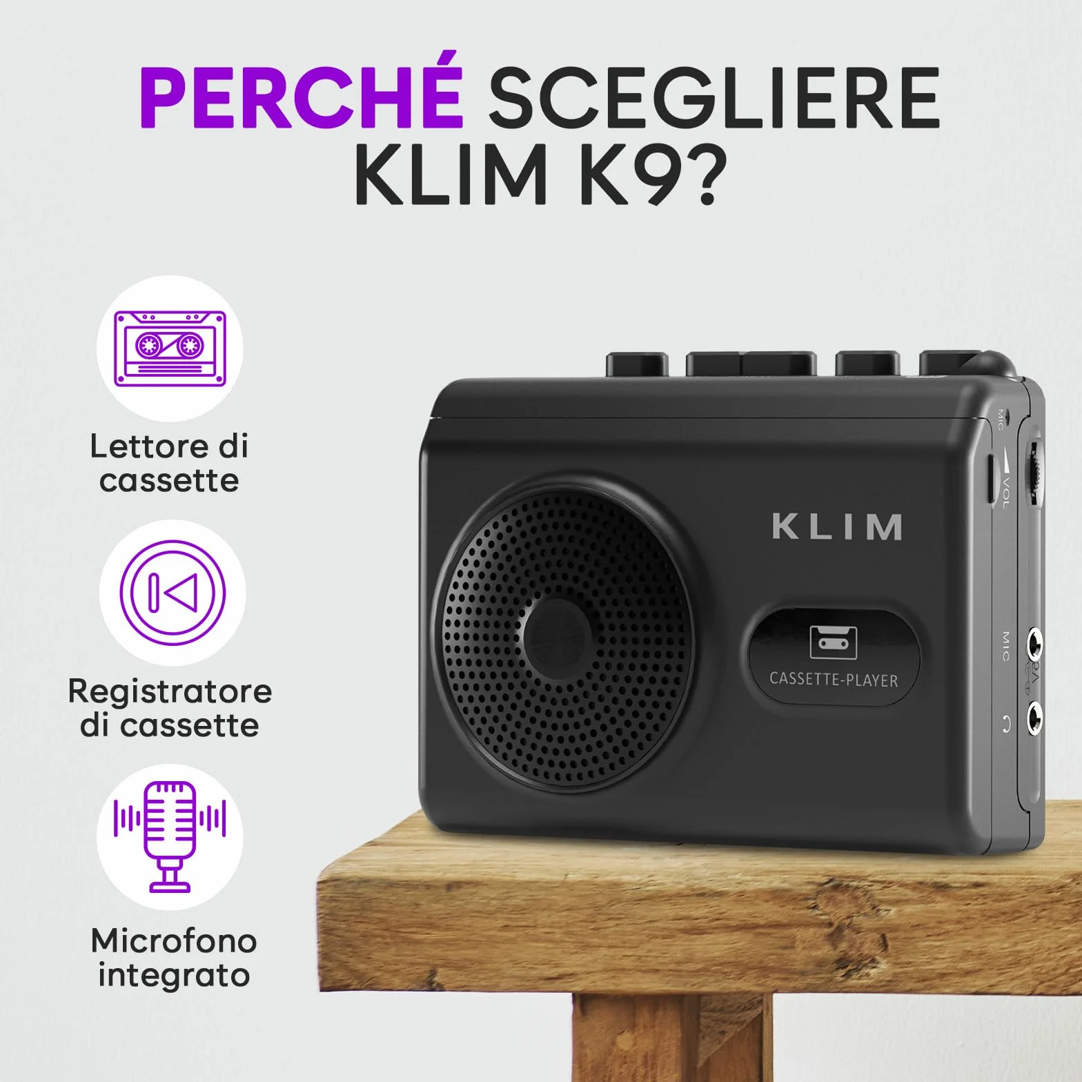Lettore Cassette Audio e Registratore Cassette KLIM K9 Portatile con Altoparlante Integrato e Microfono
