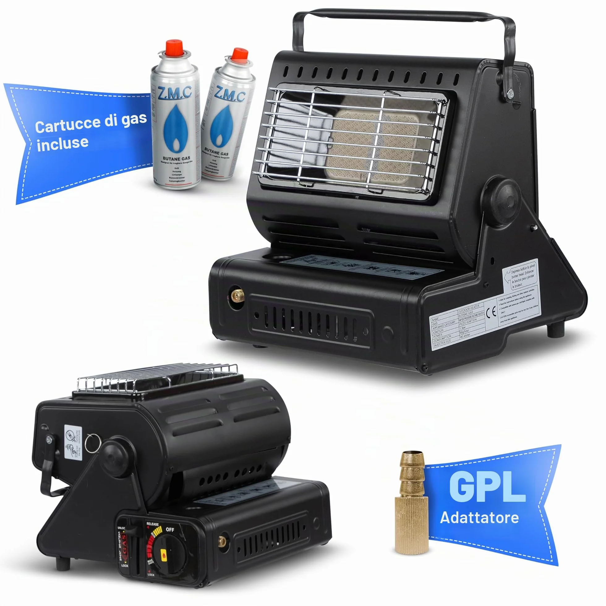 Z. M.C 2-in-1 Riscaldamento a Gas e Fornello a Gas con LPG Collegamento + 4 Cartucce di Gas 227g, Campeggio Riscaldamento 1,3 kW, Stufa per Esterno con Bruciatore Piezo
