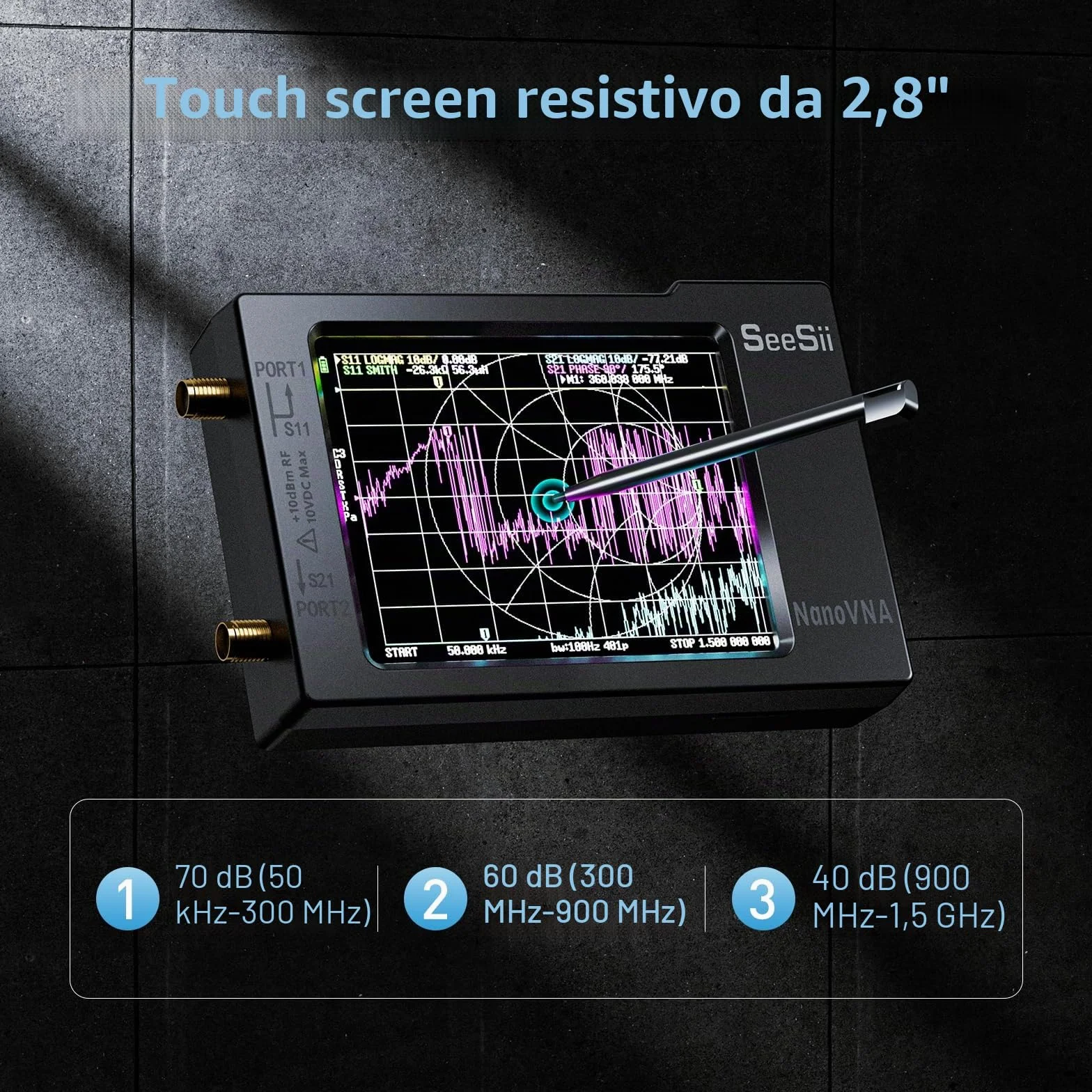 Seesii NanoVNA-H Analizzatore di Rete Vettoriale V3,7 10KHz-1,5GHz MF/HF/VHF/UHF Parametri S SWR Grafica Smith