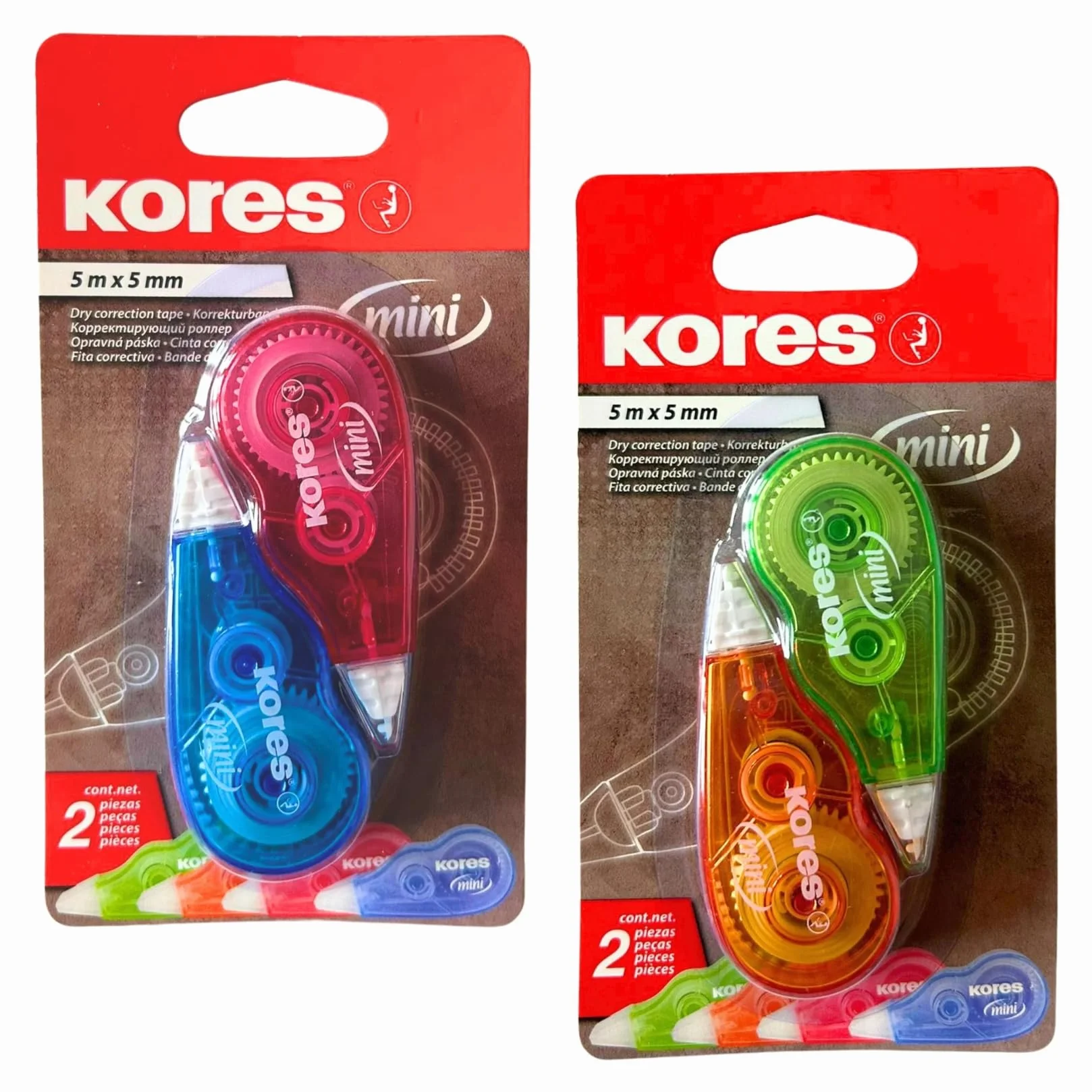 Kores Mini Roller Correttore a Nastro 5m x 5mm, Confezione da 2, Bianchetto Asciutto per Scuola e Ufficio