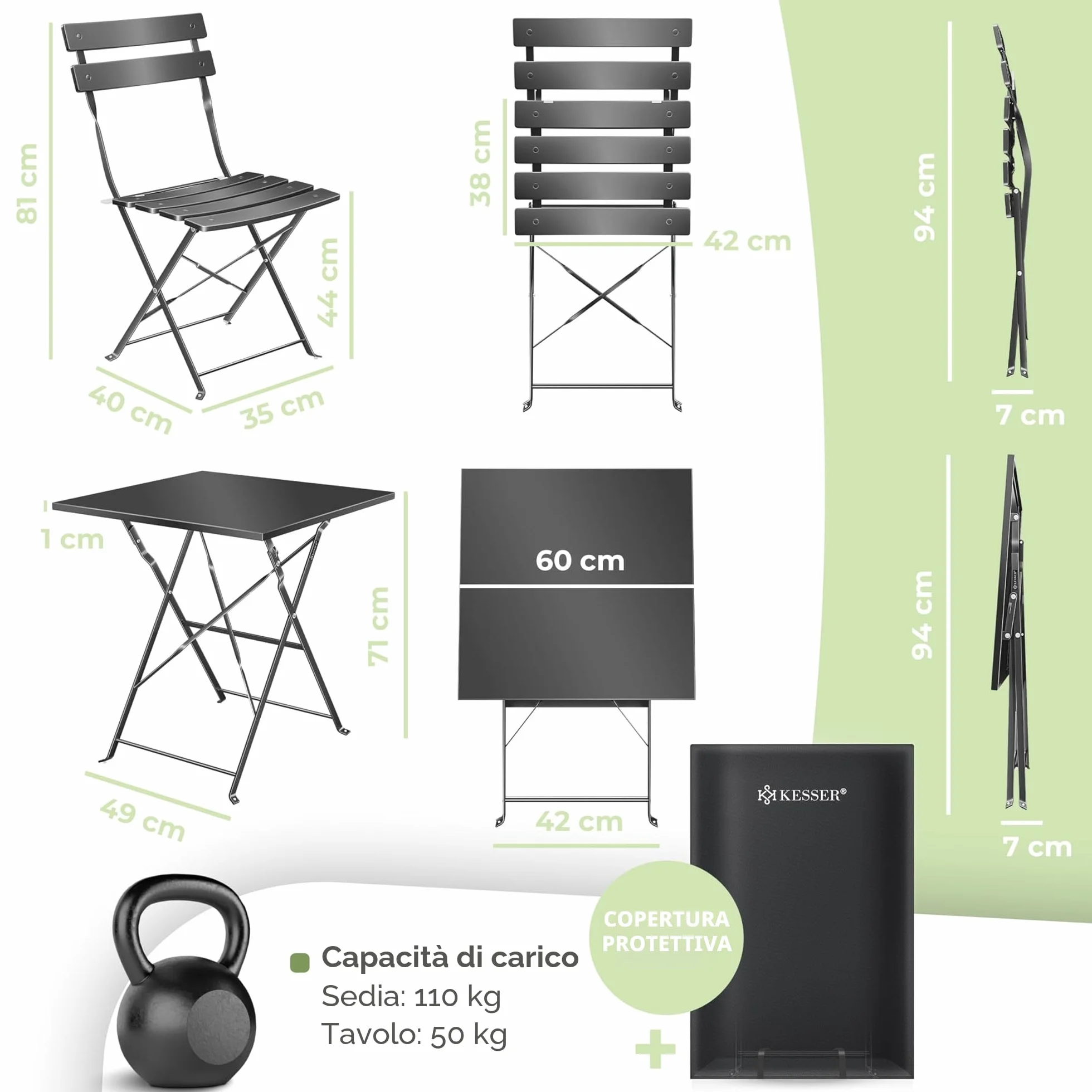 KESSER® Set da bistrò, 3 pezzi, con tavolo da bistrot e 2 sedie pieghevoli, mobili da giardino esterni, resistente ai raggi UV e alle intemperie, set da balcone