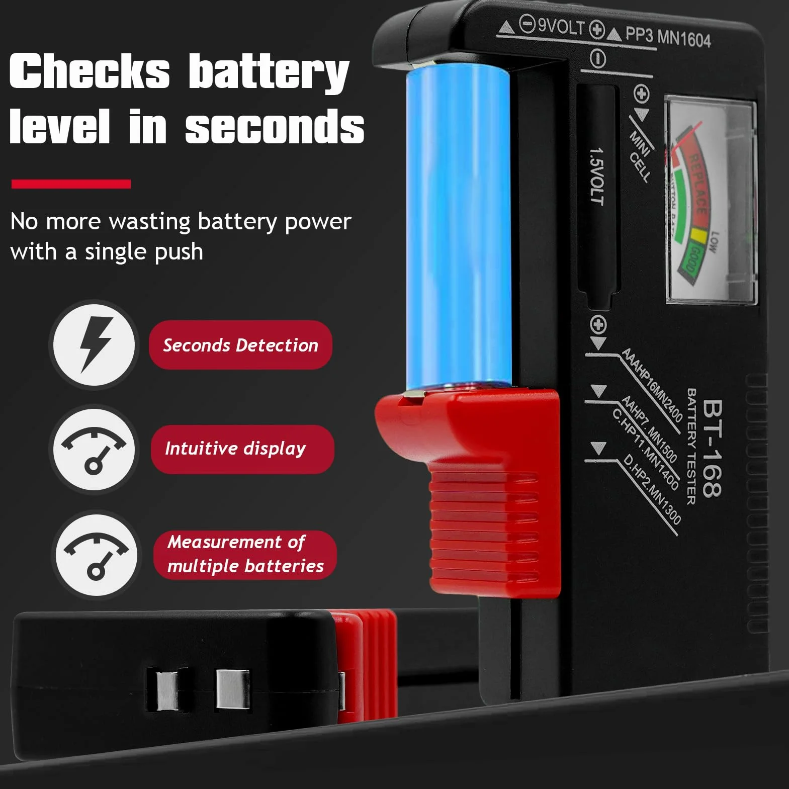 Set di 2 Tester Batteria Universale per Batterie AA AAA C D 9V 1.5V e a Bottone Nero