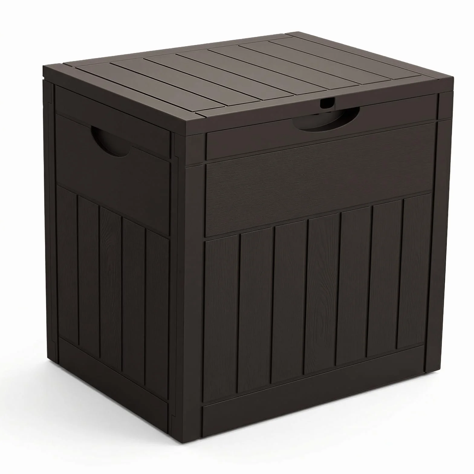 VOUNOT® Baule da Esterno 126L con Coperchio e Maniglie Incassate, Cassapanca da Giardino Impermeabile e Resistente ai Raggi UV 56x43x53 cm, per Terrazza, Balcone e Piscina, Effetto Legno, Marrone