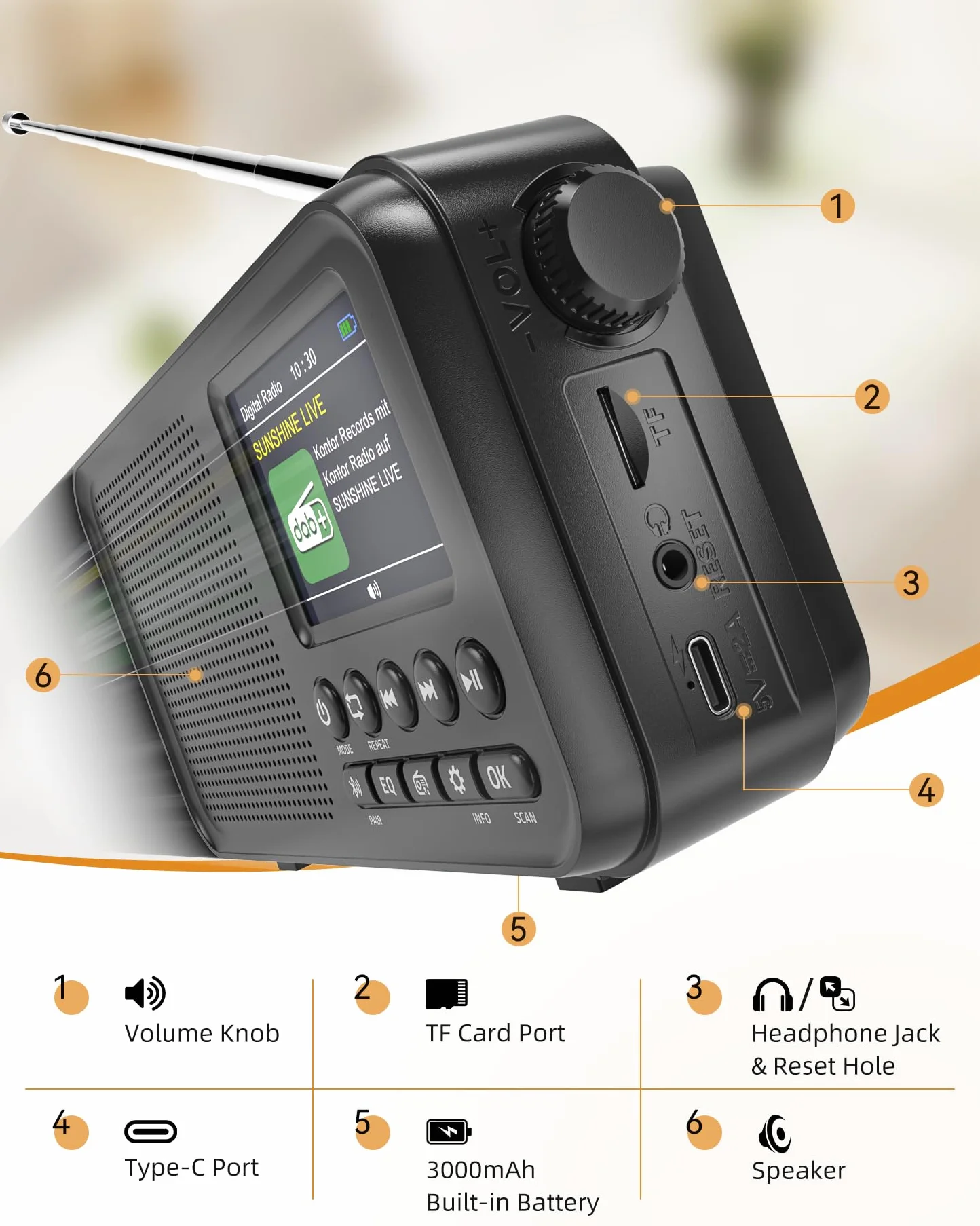 Mesqool Radio Digitale DAB FM Bluetooth Batteria Ricaricabile 3000mAh Compatibile TF 64GB Ricarica Type-C