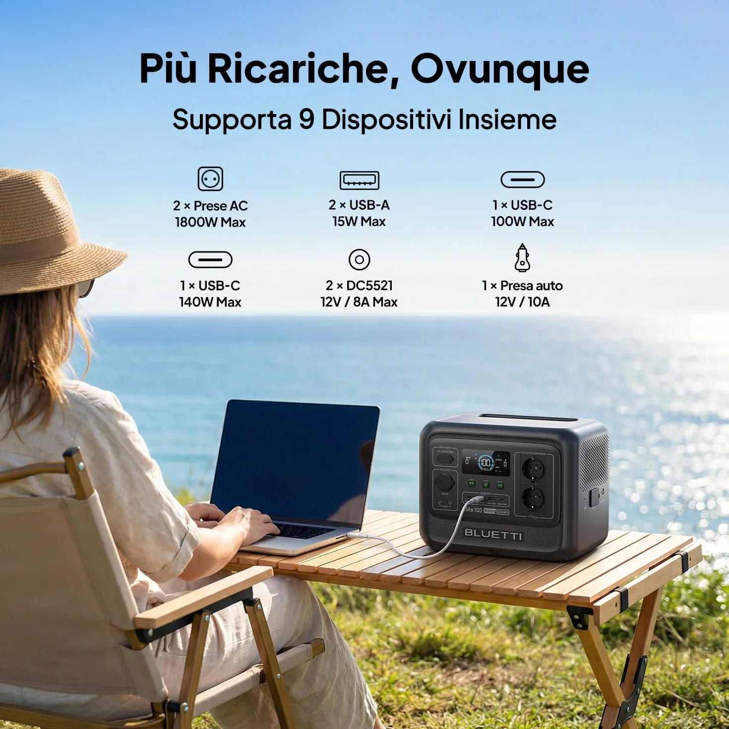 BLUETTI Elite 100 V2 Centrale Elettrica Portatile, LFP Batteria da 1024Wh, 2 Uscite CA 1800W (3600W Picco), 35% Più Piccolo, Alimentazione per campeggio, Interruzioni, Backup UPS
