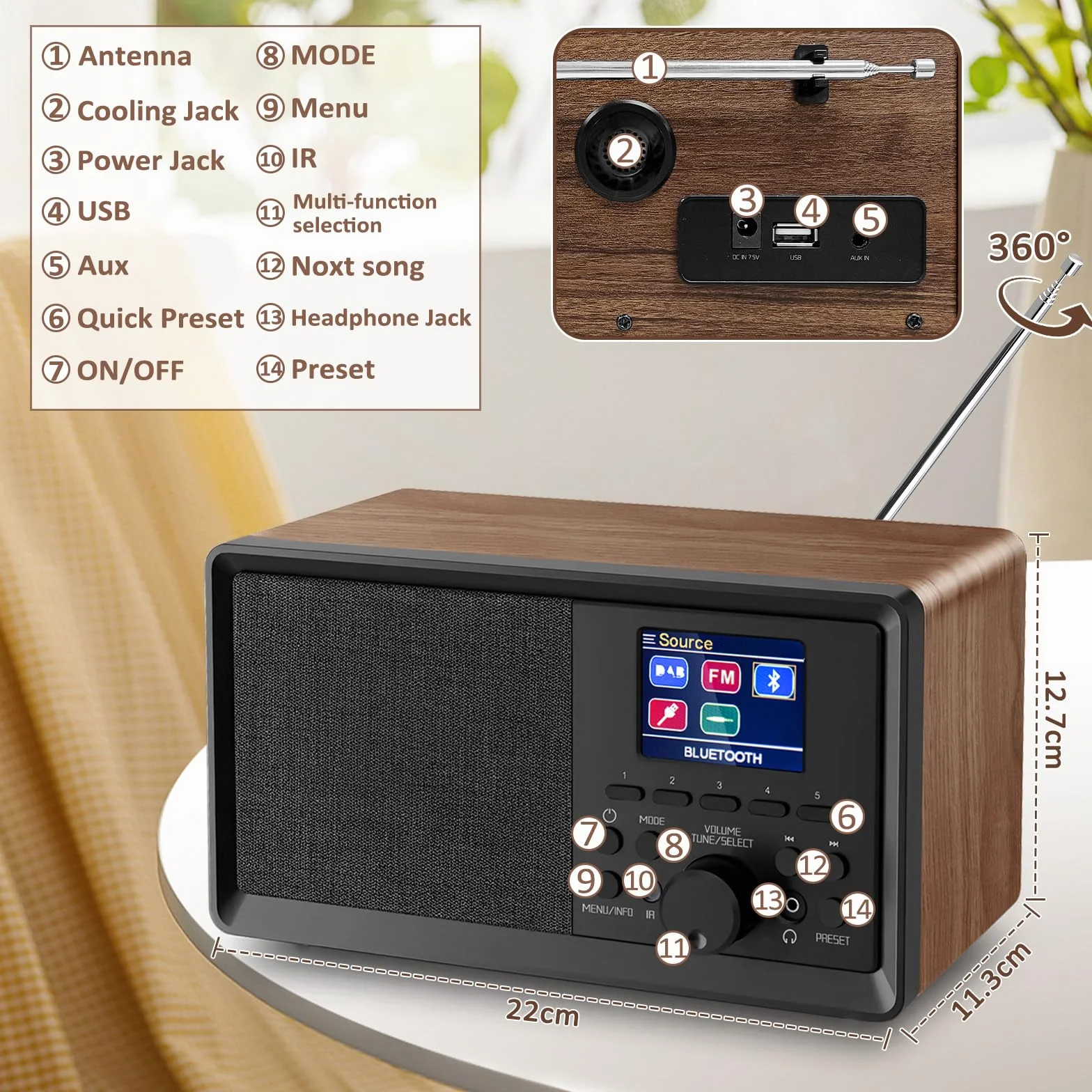 Radio DAB+/FM Bluetooth Telecomando Legno Retrò Cucina Sveglia Doppio Allarme USB AUX