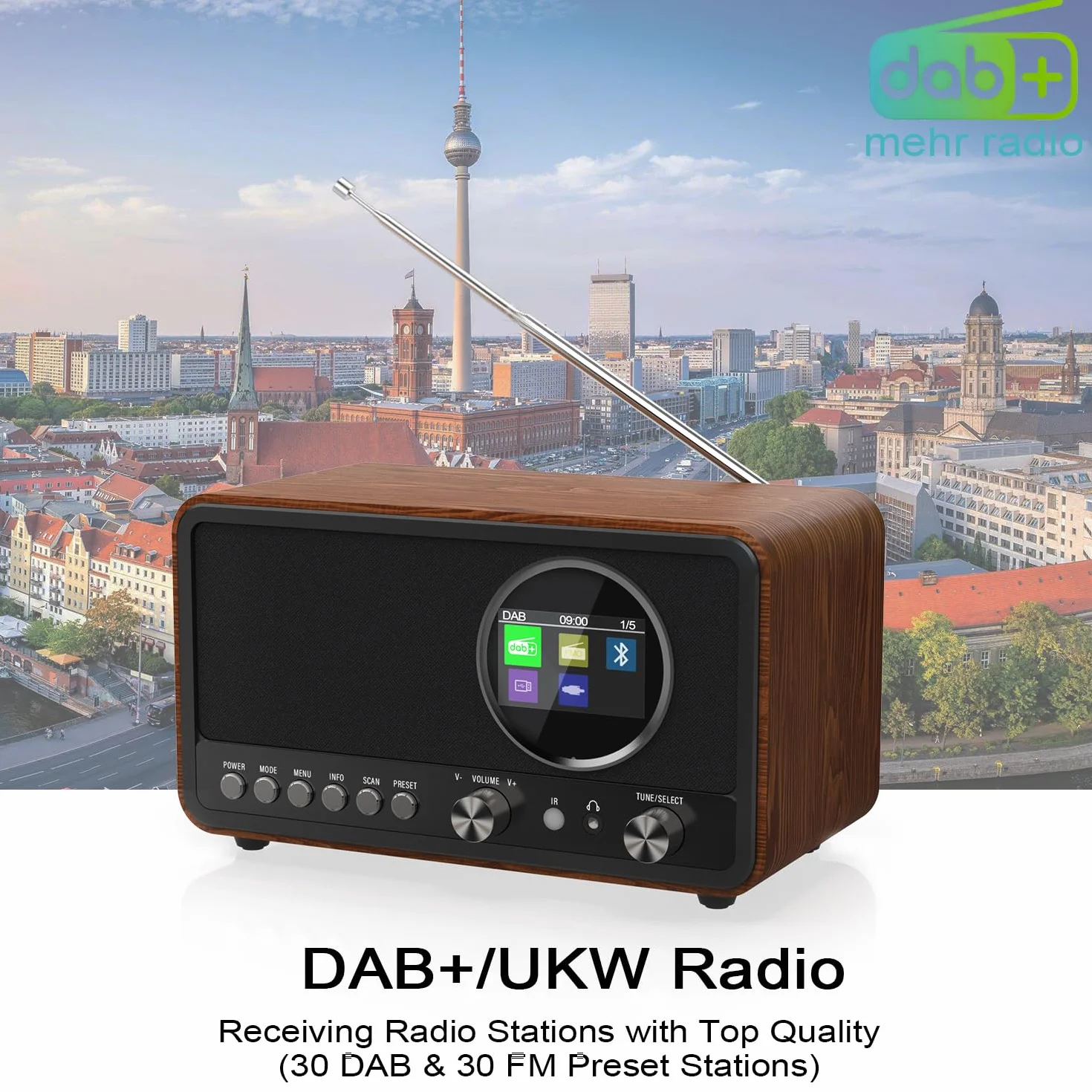 Radio portatile DAB+ FM Monodeal con 60 preset, sveglia e altoparlante HiFi 5W