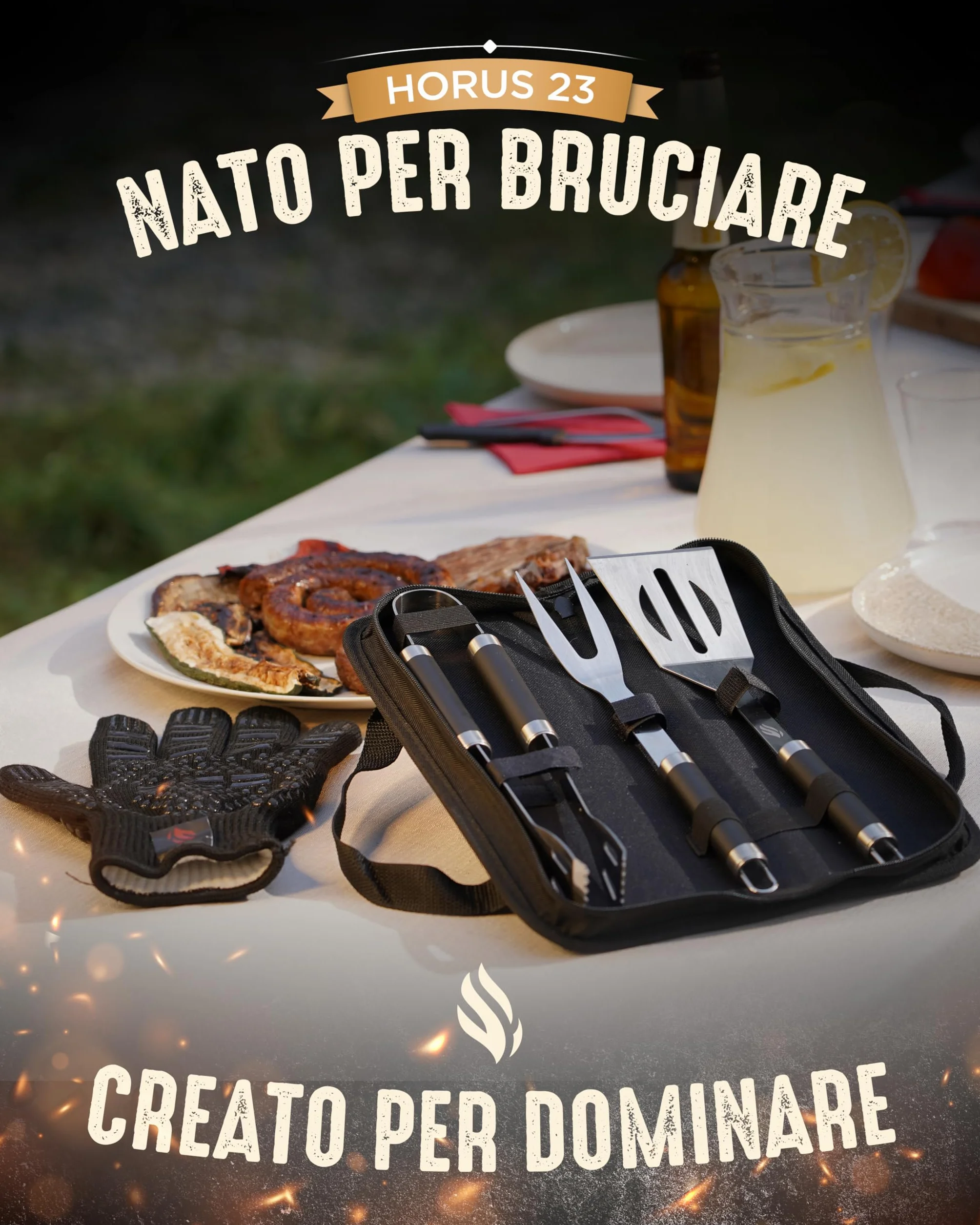 HORUS 23® - Set Accessori Barbecue Professionale con Borsa Porta Attrezzi Barbecue - 4 Accessori BBQ: Pinze, Spatola, Forchettone e Guanto Ignifugo