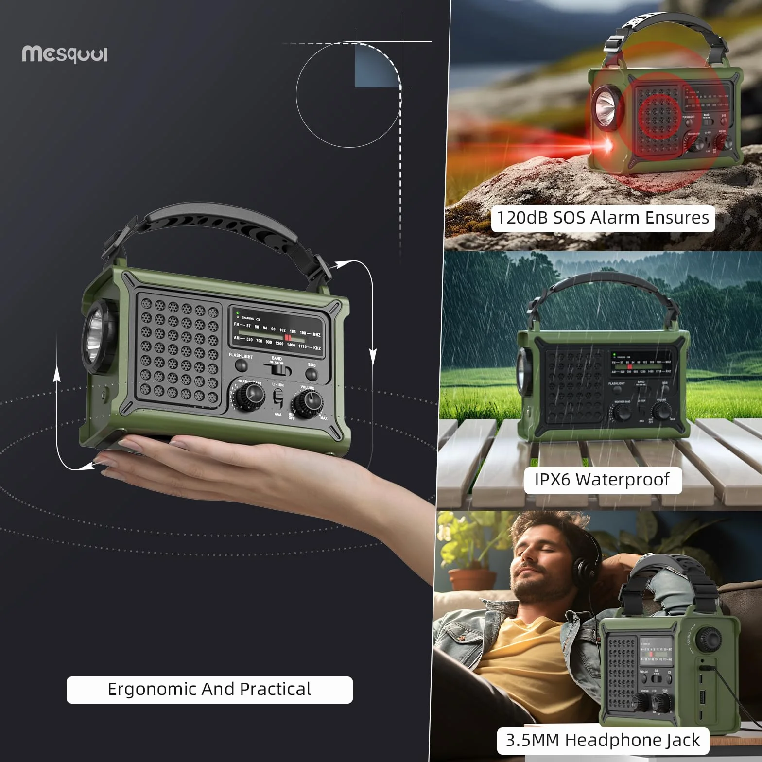 Radio di Emergenza Solare e a Manovella AM/FM, Powerbank 12000mAh, IPX6, SOS, Portatile